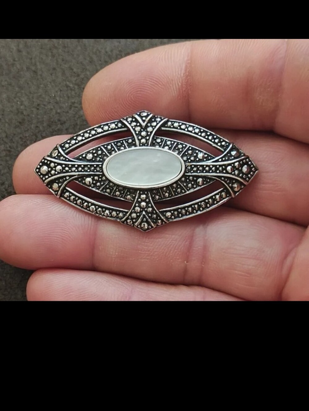 1980s Art Deco Style Marcasite & Mother of Pearl Silver Tone Brooch Pin.